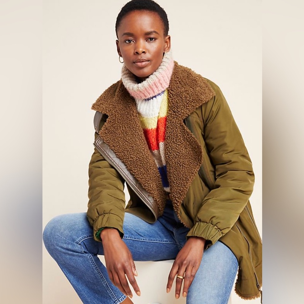 Anthropologie Sherpa Lined Moto Parka Olive Army Moss Green Size: Large